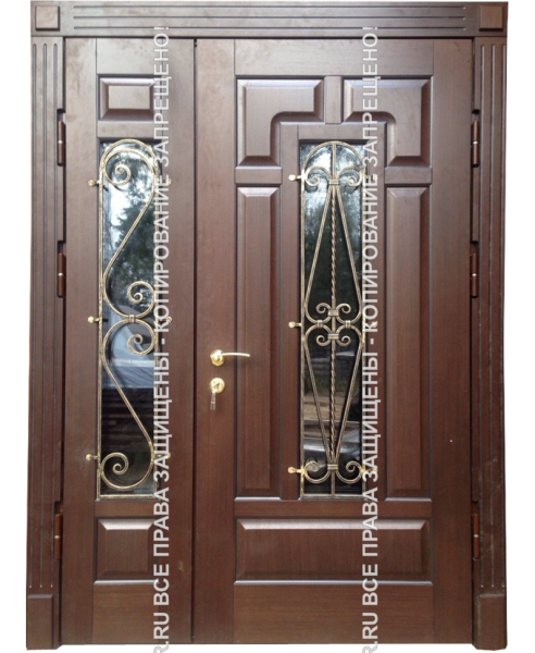 Дверь двухстворчатая стальная МДФ с ковкой/стеклом 3096 Дверь двухстворчатая стальная МДФ с ковкой/стеклом 3096